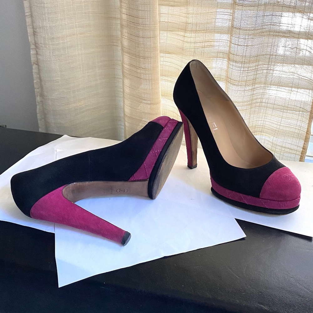 Chanel suede quilted pink fuschia toe cap black pumps heels platforms 37 mules - Picture 7 of 8